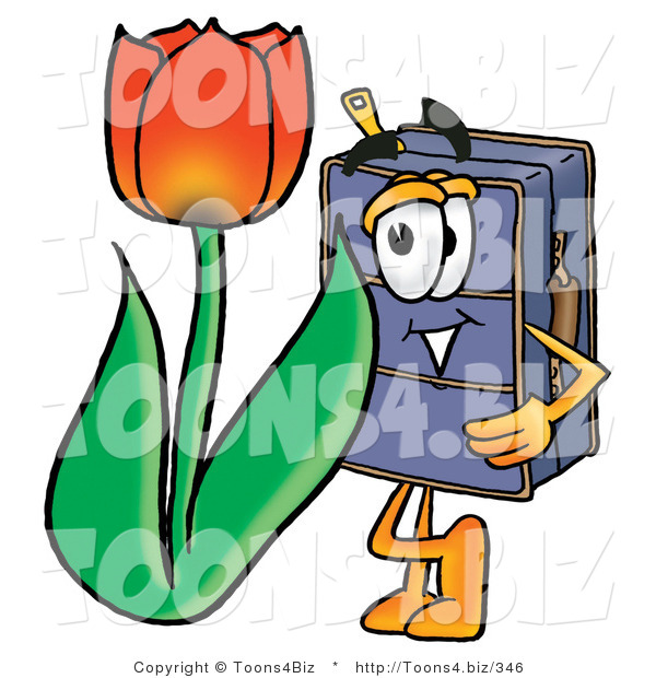 Illustration of a Cartoon Suitcase Mascot with a Red Tulip Flower in the Spring