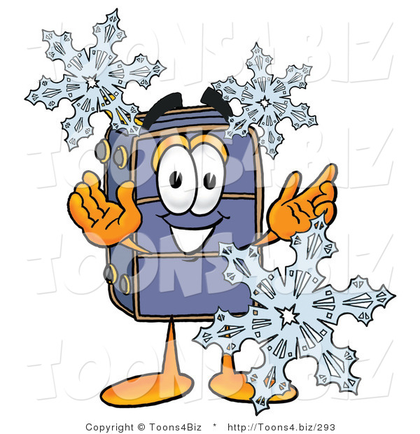 Illustration of a Cartoon Suitcase Mascot with Three Snowflakes in Winter