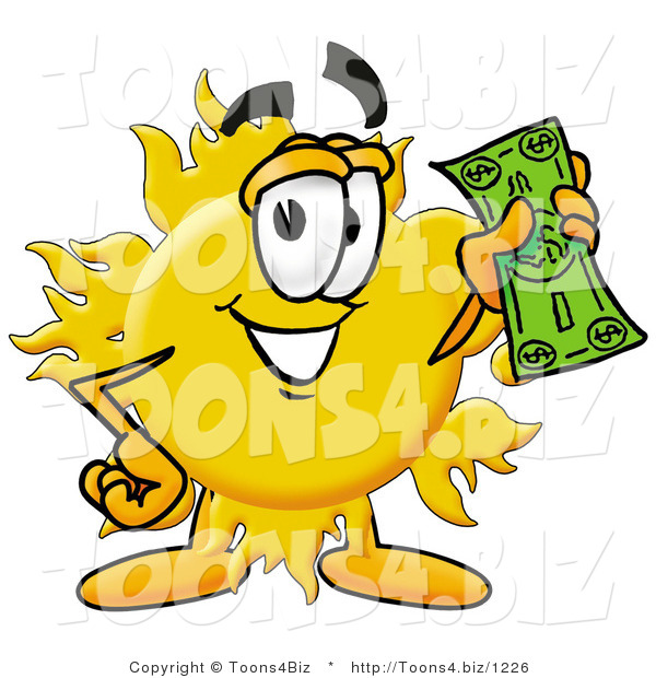 Illustration of a Cartoon Sun Mascot Holding a Dollar Bill