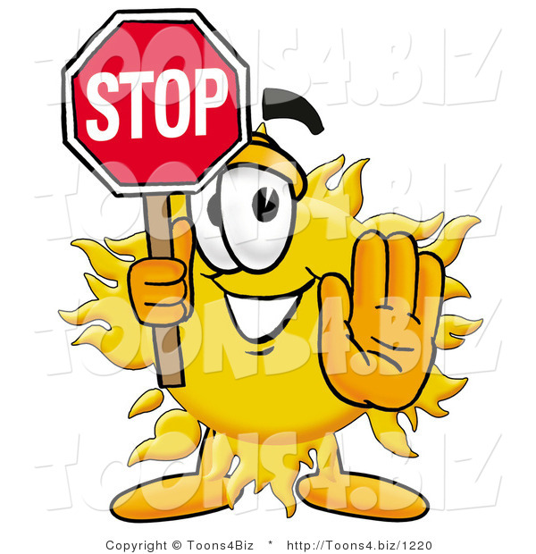Illustration of a Cartoon Sun Mascot Holding a Stop Sign