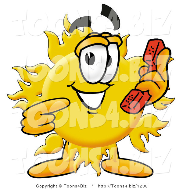 Illustration of a Cartoon Sun Mascot Holding a Telephone