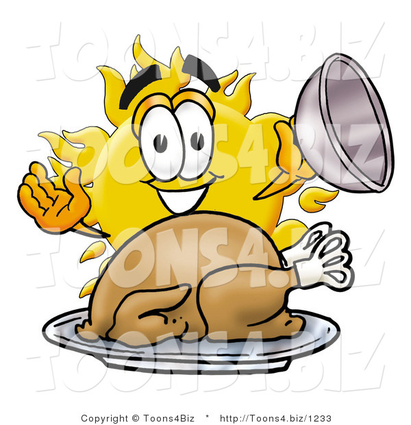 Illustration of a Cartoon Sun Mascot Serving a Thanksgiving Turkey on a Platter