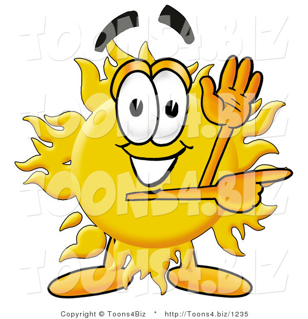 Illustration of a Cartoon Sun Mascot Waving and Pointing