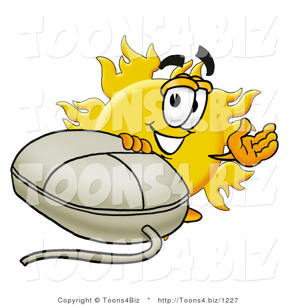 Illustration of a Cartoon Sun Mascot with a Computer Mouse