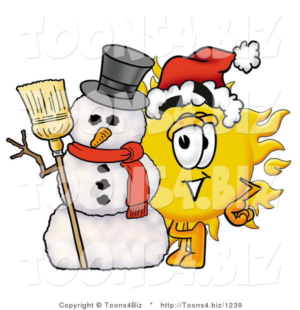 Illustration of a Cartoon Sun Mascot with a Snowman on Christmas