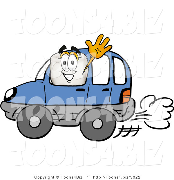 Illustration of a Cartoon Tooth Mascot Driving a Blue Car and Waving