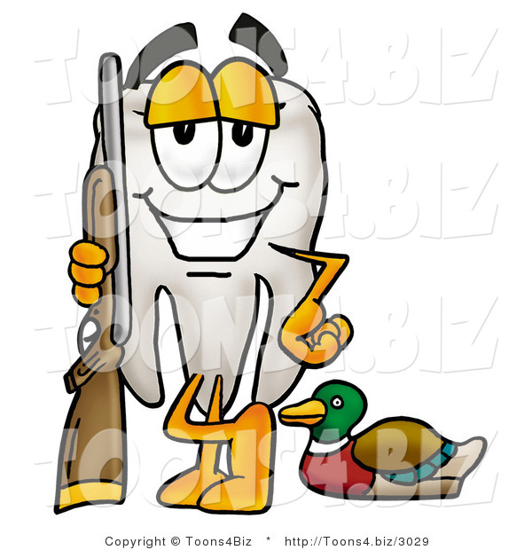 Illustration of a Cartoon Tooth Mascot Duck Hunting, Standing with a Rifle and Duck