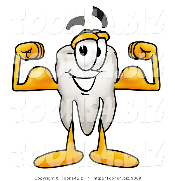 Illustration of a Cartoon Tooth Mascot Flexing His Arm Muscles