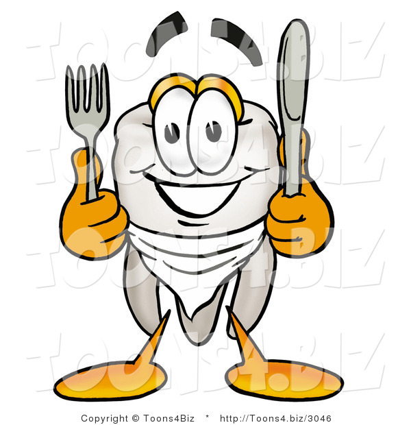 Illustration of a Cartoon Tooth Mascot Holding a Knife and Fork