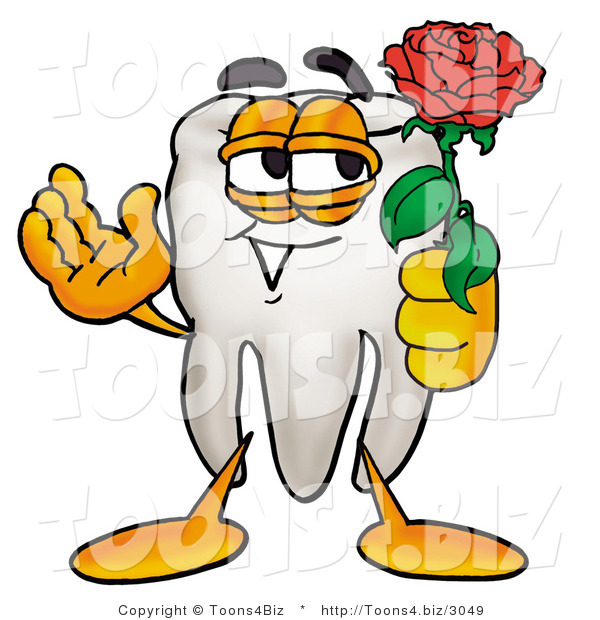 Illustration of a Cartoon Tooth Mascot Holding a Red Rose on Valentines Day