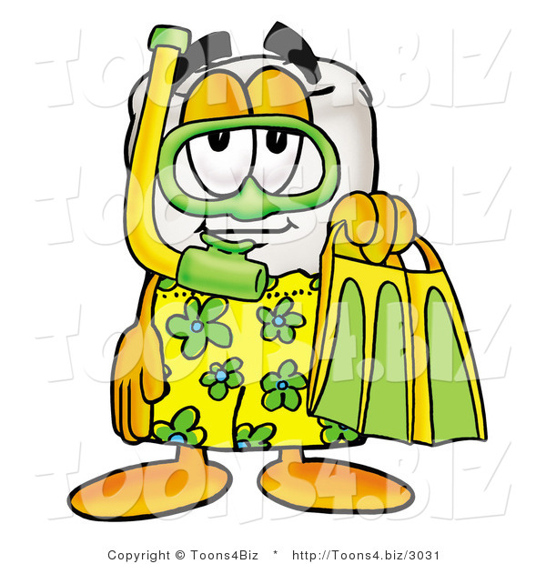 Illustration of a Cartoon Tooth Mascot in Green and Yellow Snorkel Gear