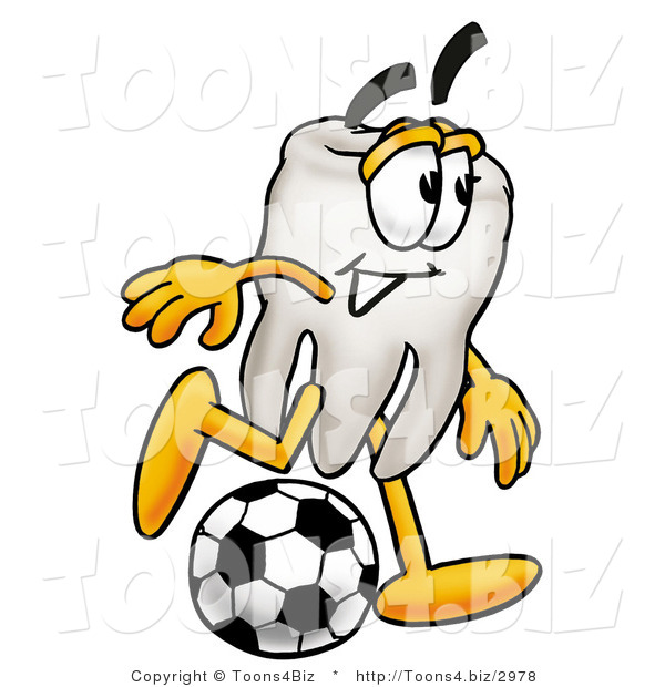 Illustration of a Cartoon Tooth Mascot Kicking a Soccer Ball
