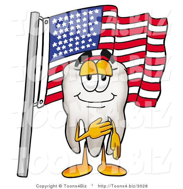 Illustration of a Cartoon Tooth Mascot Pledging Allegiance to an American Flag
