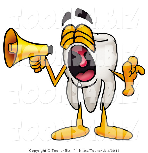 Illustration of a Cartoon Tooth Mascot Screaming into a Megaphone