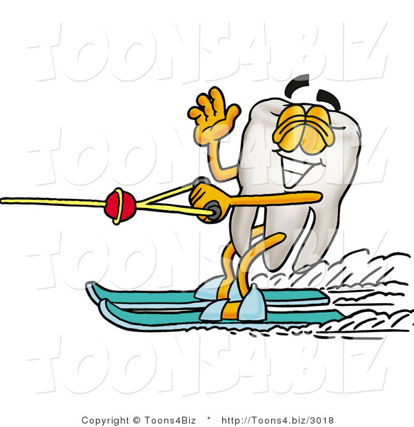 Illustration of a Cartoon Tooth Mascot Waving While Water Skiing