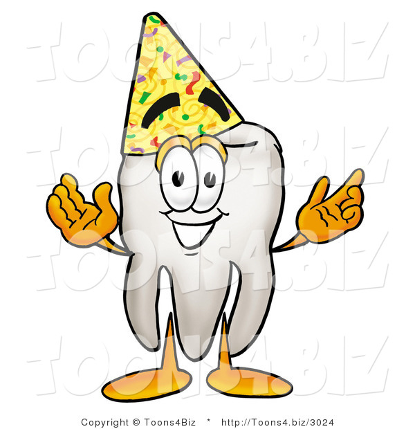 Illustration of a Cartoon Tooth Mascot Wearing a Birthday Party Hat