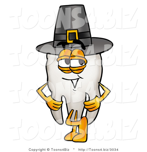 Illustration of a Cartoon Tooth Mascot Wearing a Pilgrim Hat on Thanksgiving