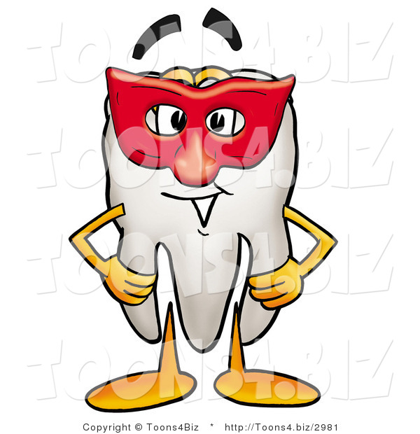 Illustration of a Cartoon Tooth Mascot Wearing a Red Mask over His Face