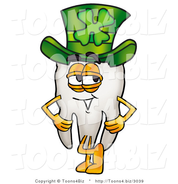 Illustration of a Cartoon Tooth Mascot Wearing a Saint Patricks Day Hat with a Clover on It