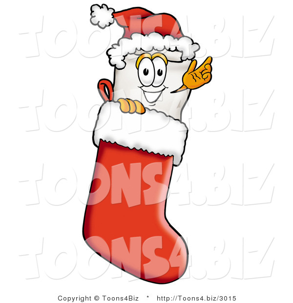 Illustration of a Cartoon Tooth Mascot Wearing a Santa Hat Inside a Red Christmas Stocking