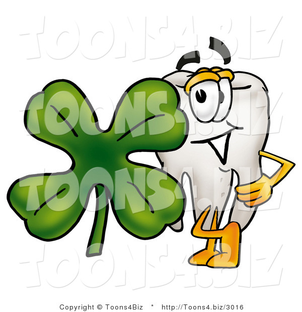Illustration of a Cartoon Tooth Mascot with a Green Four Leaf Clover on St Paddy's or St Patricks Day