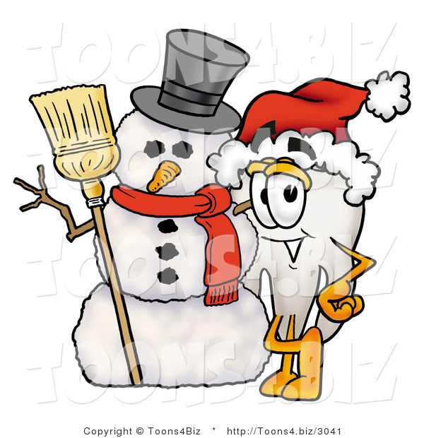 Illustration of a Cartoon Tooth Mascot with a Snowman on Christmas
