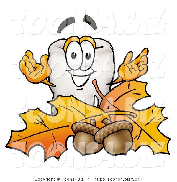 Illustration of a Cartoon Tooth Mascot with Autumn Leaves and Acorns in the Fall