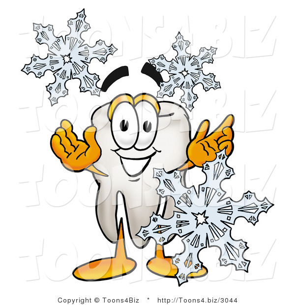 Illustration of a Cartoon Tooth Mascot with Three Snowflakes in Winter