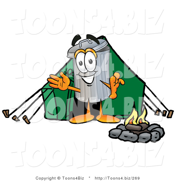 Illustration of a Cartoon Trash Can Mascot Camping with a Tent and Fire