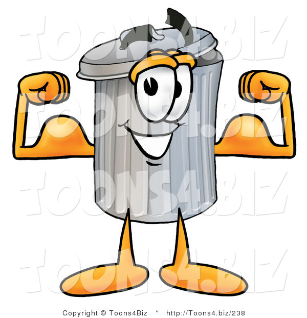 Illustration of a Cartoon Trash Can Mascot Flexing His Arm Muscles