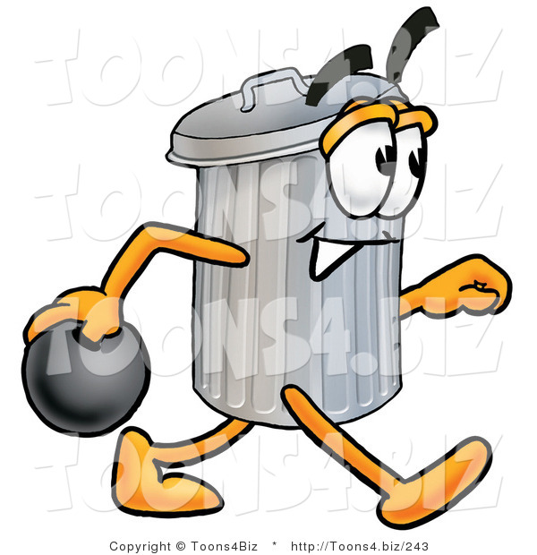 Illustration of a Cartoon Trash Can Mascot Holding a Bowling Ball