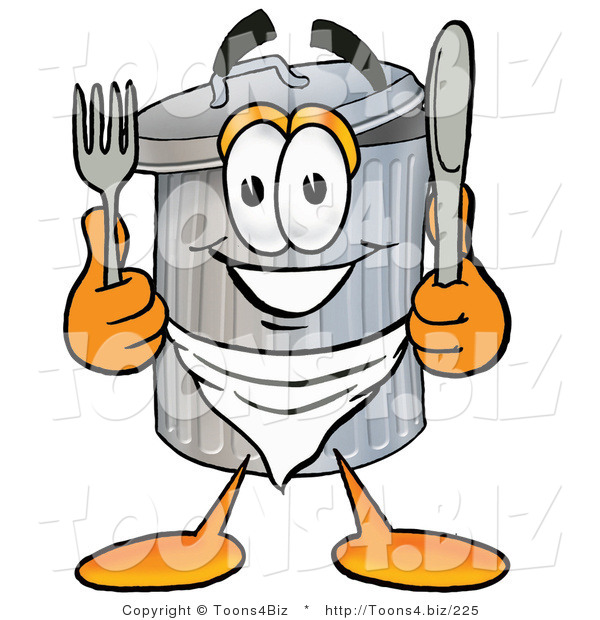Illustration of a Cartoon Trash Can Mascot Holding a Knife and Fork