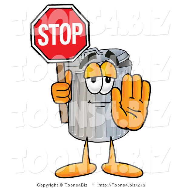 Illustration of a Cartoon Trash Can Mascot Holding a Stop Sign