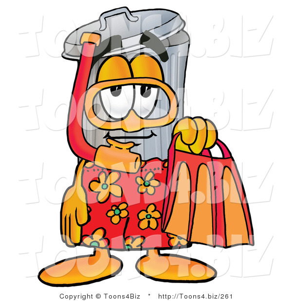 Illustration of a Cartoon Trash Can Mascot in Orange and Red Snorkel Gear