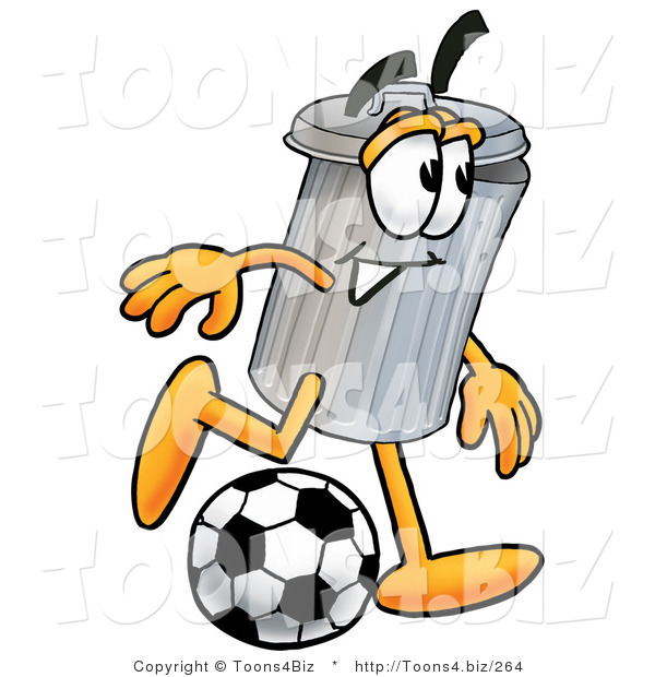 Illustration of a Cartoon Trash Can Mascot Kicking a Soccer Ball