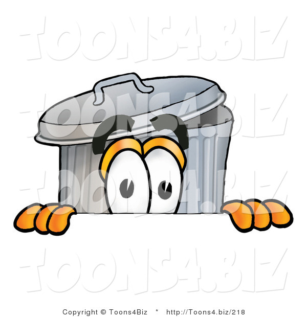 Illustration of a Cartoon Trash Can Mascot Peeking over a Surface