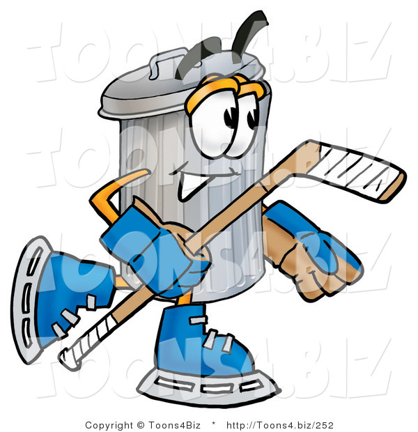 Illustration of a Cartoon Trash Can Mascot Playing Ice Hockey