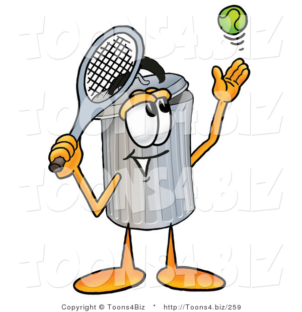 Illustration of a Cartoon Trash Can Mascot Preparing to Hit a Tennis Ball