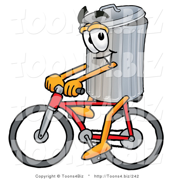 Illustration of a Cartoon Trash Can Mascot Riding a Bicycle