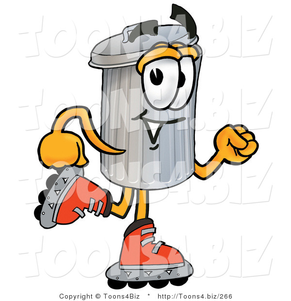 Illustration of a Cartoon Trash Can Mascot Roller Blading on Inline Skates