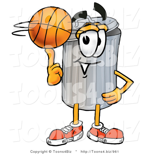 Illustration of a Cartoon Trash Can Mascot Spinning a Basketball on His Finger