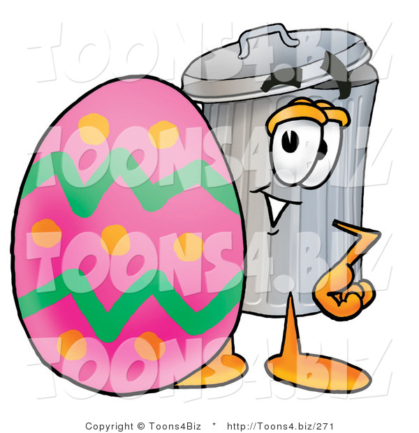 Illustration of a Cartoon Trash Can Mascot Standing Beside an Easter Egg