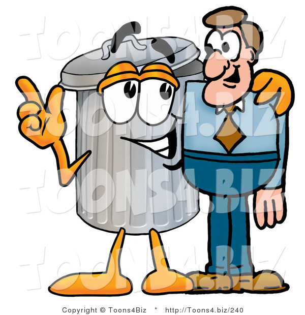Illustration of a Cartoon Trash Can Mascot Talking to a Business Man