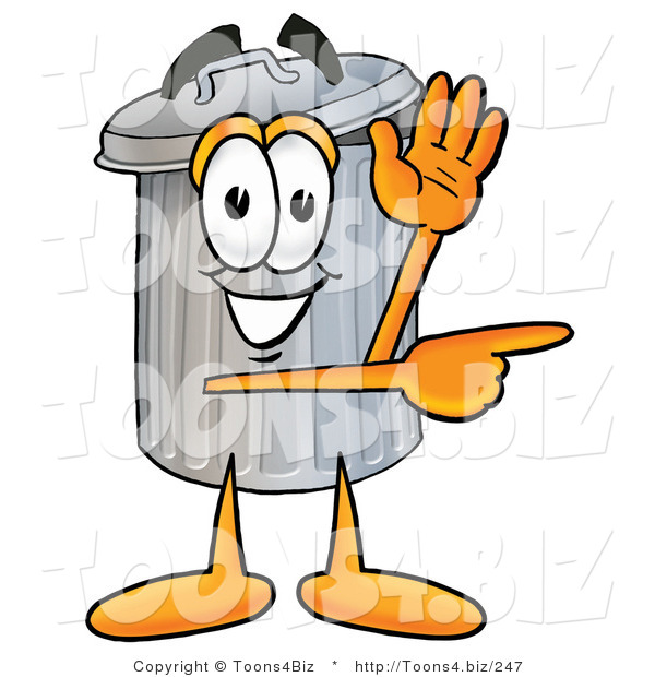 Illustration of a Cartoon Trash Can Mascot Waving and Pointing