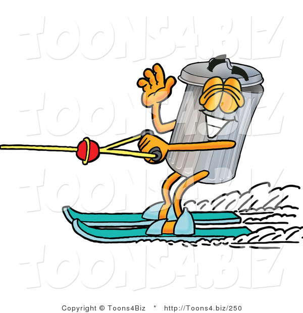 Illustration of a Cartoon Trash Can Mascot Waving While Water Skiing