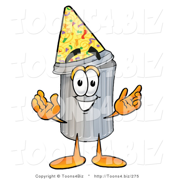 Illustration of a Cartoon Trash Can Mascot Wearing a Birthday Party Hat