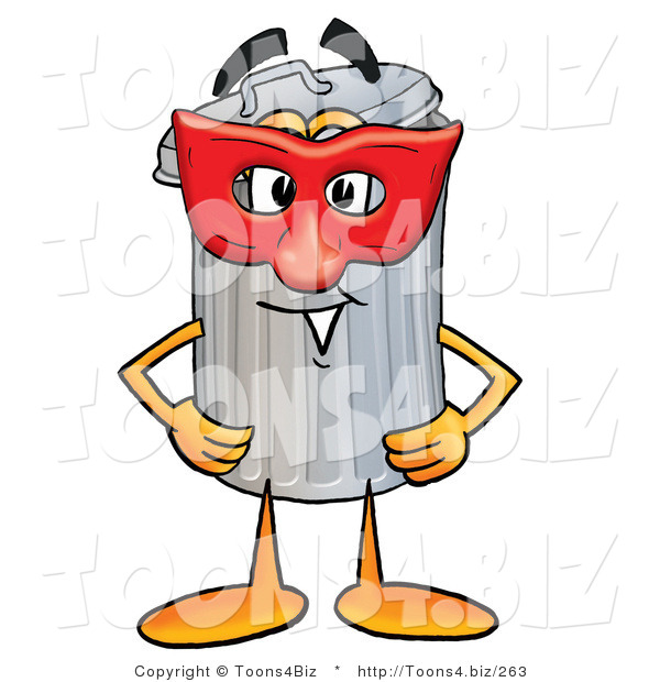 Illustration of a Cartoon Trash Can Mascot Wearing a Red Mask over His Face