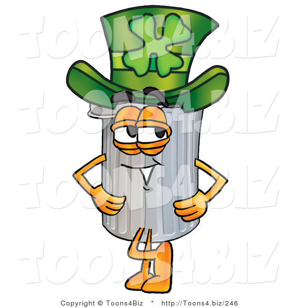 Illustration of a Cartoon Trash Can Mascot Wearing a Saint Patricks Day Hat with a Clover on It