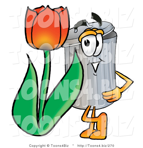 Illustration of a Cartoon Trash Can Mascot with a Red Tulip Flower in the Spring