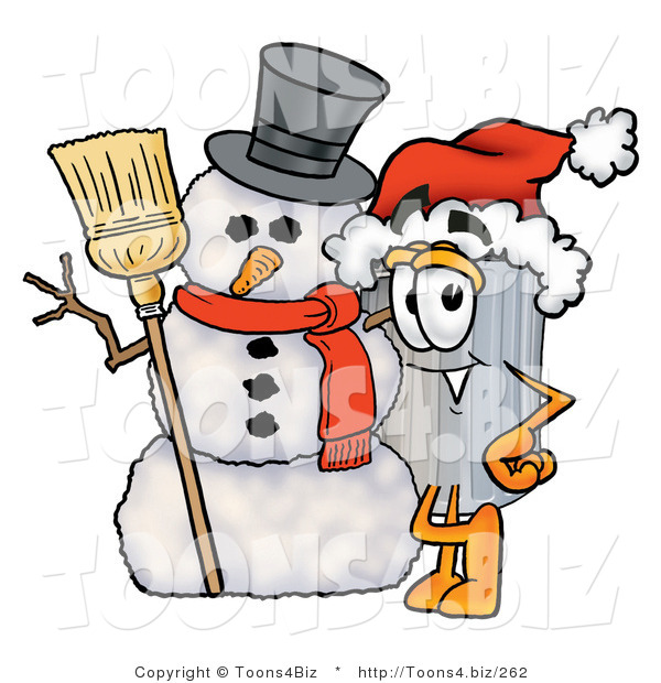 Illustration of a Cartoon Trash Can Mascot with a Snowman on Christmas
